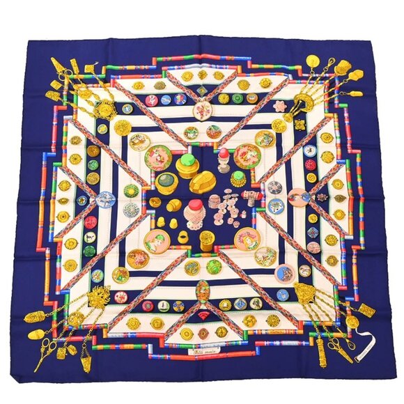 Hermes Scarf Carre 90 Petite Main Navy Small Good 195589 - Picture 1 of 4